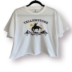 NWOT Yellowstone Women’s White Crop Tee with Cowboy Graphic | Large